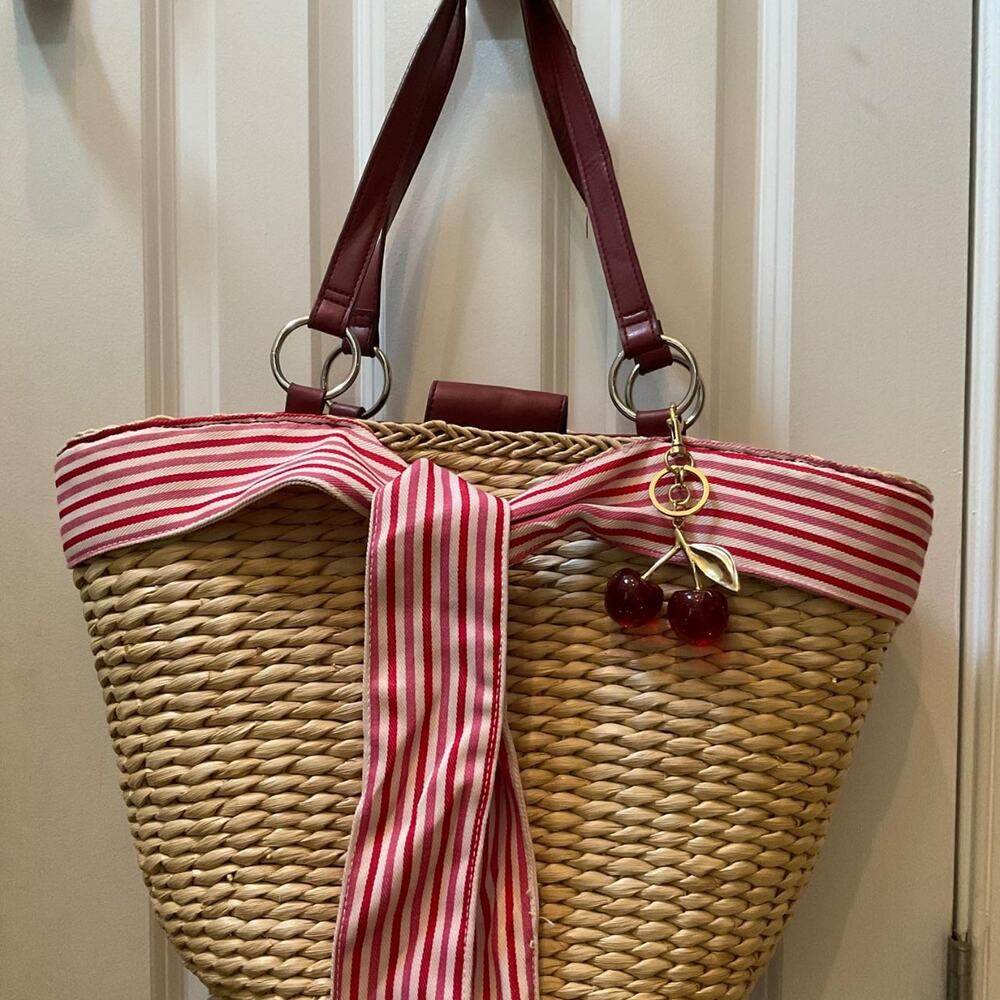 Fortuna Valentino Straw Tote Bag Red White Striped Ribbon Trim Summer Beach Lg